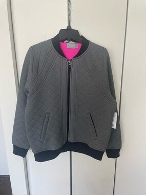 Athleta Gray Quilted Bomber Jacket with Hot Pink Lining